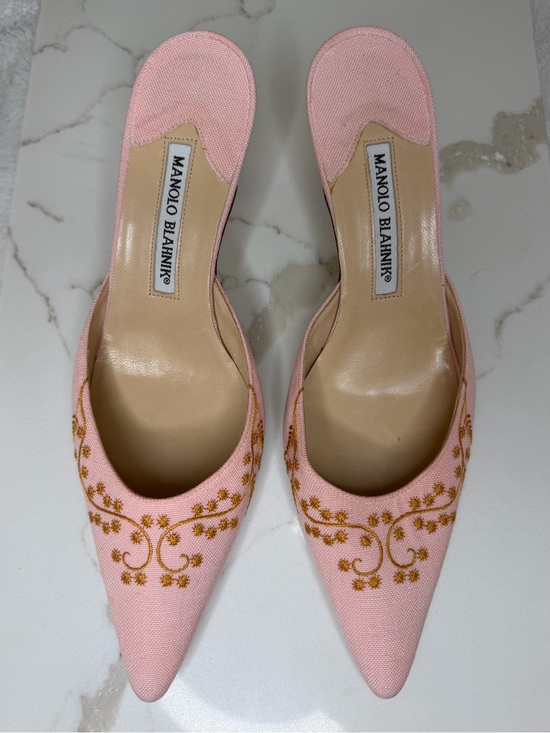 Manolo Blahnik Shoes - Vintage Manolo Blahnik Pink Pointed-Toe Mules with Gold Embroidery
